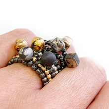 Įkelti vaizdą į galerijos peržiūros priemonę, Hematite beads ring with a gold plated black porcelain cube  &quot;LEONARDO&quot;