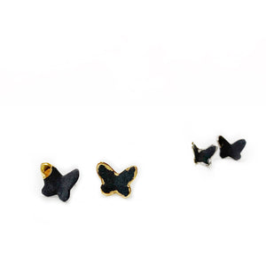 Black porcelain stud earrings BUTTERFLIES with gold