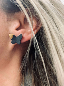 Black porcelain stud earrings BUTTERFLIES with platinum