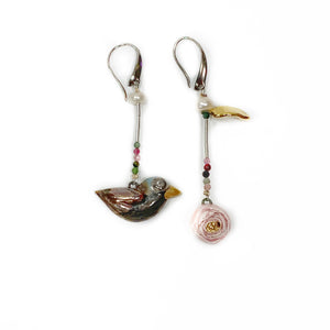 Ceramic mismatched earrings DARK BIRD AND ITS IINNOCENT ROSE
