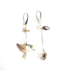 Ceramic mismatched earrings “Bird and its white rose