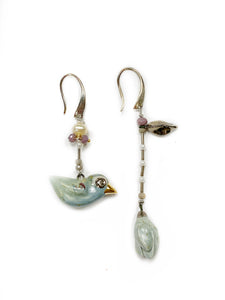 Ceramic mismatched earrings "FEBRUARY BIRD AND ITS COLD FLOWER"