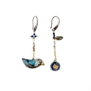 Ceramic earrings BLUE BIRD AND ITS ROYAL ROSE
