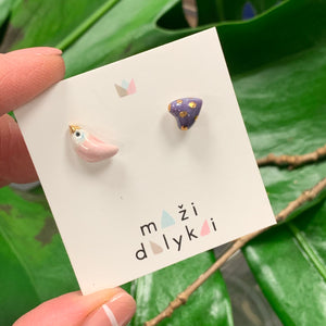 Ceramic mismatched earrings PASTEL BIRD AND ITS VIOLET LOVE