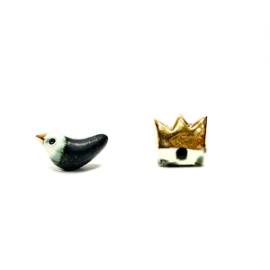 Ceramic mismatched earrings BIRD AND ITS STYLISH CROWN