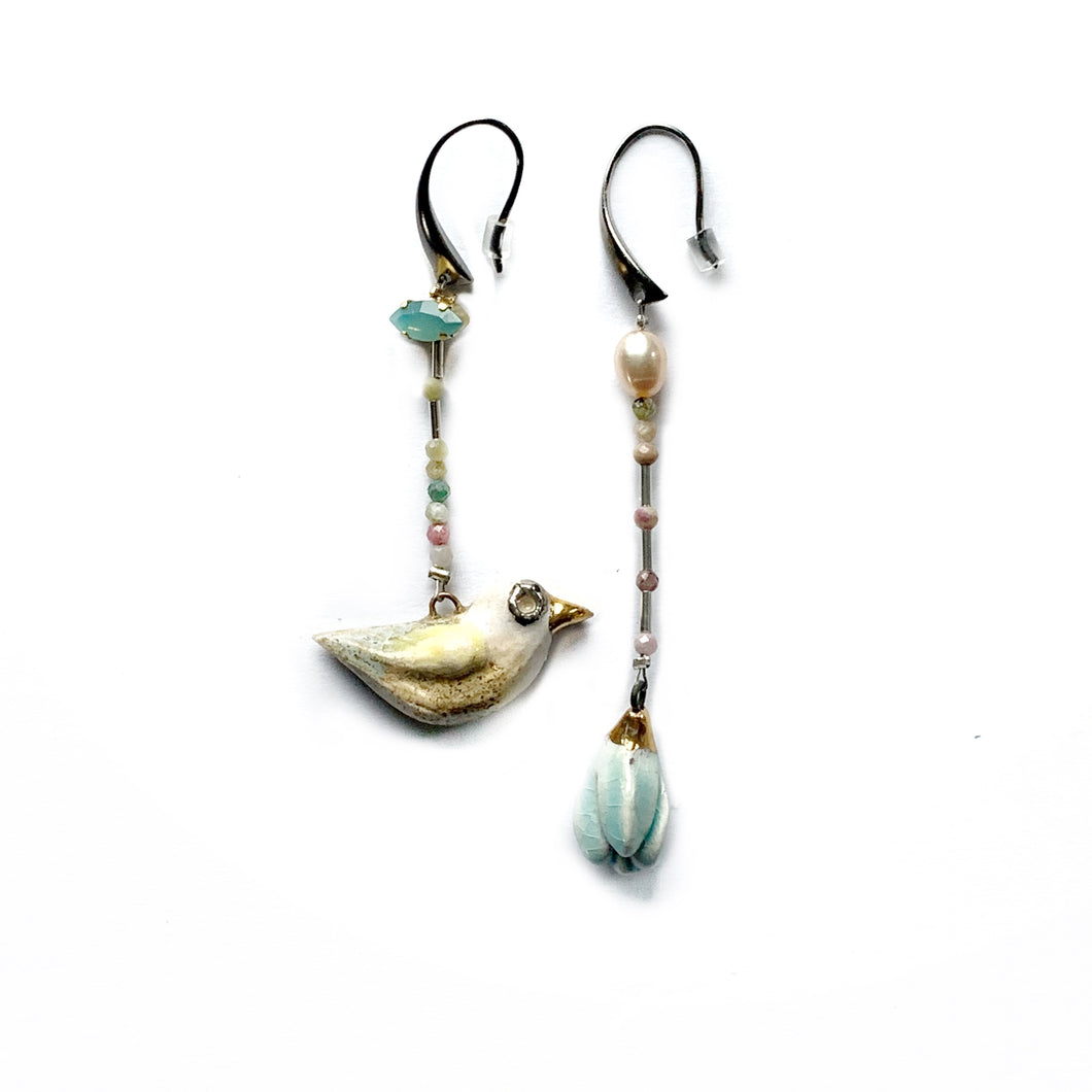 Ceramic mismatched earrings WATER FLOWER AND EARTHLY BIRD