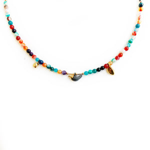Colorful agate necklace AUTUMN BIRD with black porcelain pendants