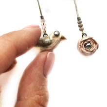 Įkelti vaizdą į galerijos peržiūros priemonę, Ceramic assymmetric earrings “Bird and its rose”