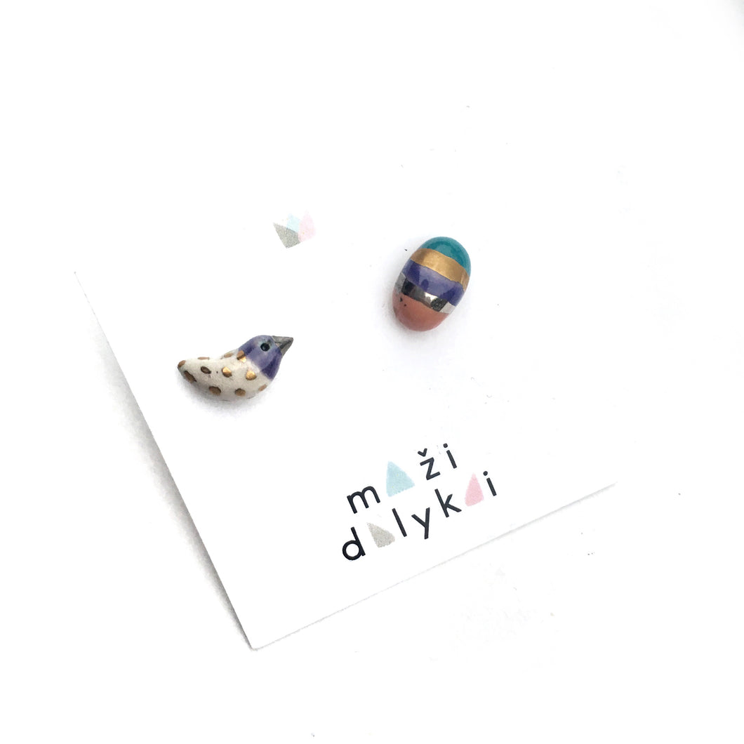 Ceramic mismatched earrings “Bird and violet rainbow egg”