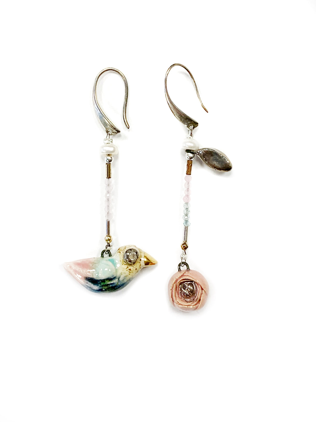 Ceramic mismatched earrings BIRD AND IRS ROSE