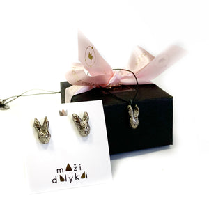 Black porcelain rabbits earrings "ALICE's SILVER FRIENDS"