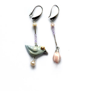 Ceramic earrings AQUA BIRD AND GENTLE MAGNOLIA