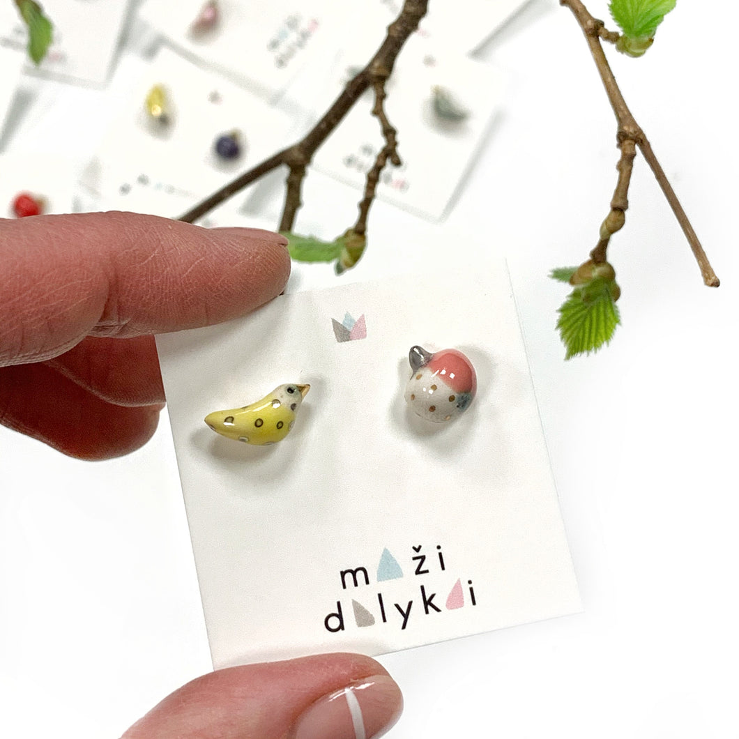 Mismathed ceramic earrings SUNNY BIRD AND ITS GENTLE APPLE