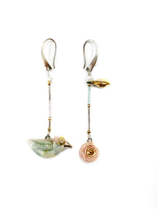 Long ceramic mismatched ceramic earrings BIRD AND ITS ROSE