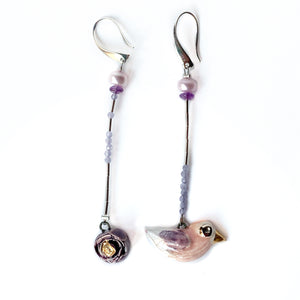Ceramic mismatched earrings "Bird and its violet rose"
