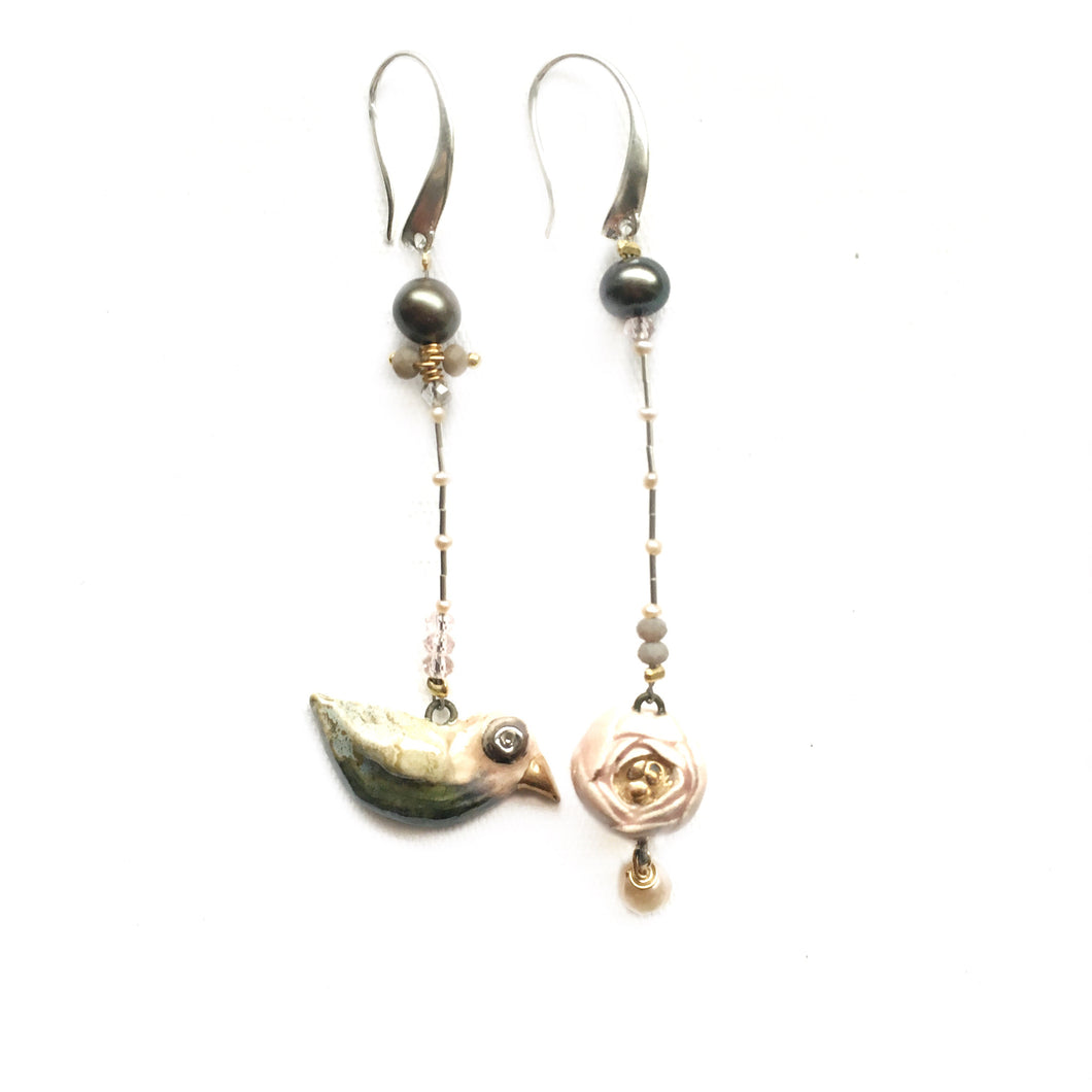 Ceramic assymmetric earrings “Bird and its rose”