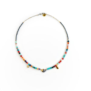 Colorful agate necklace AUTUMN BIRD with black porcelain pendants