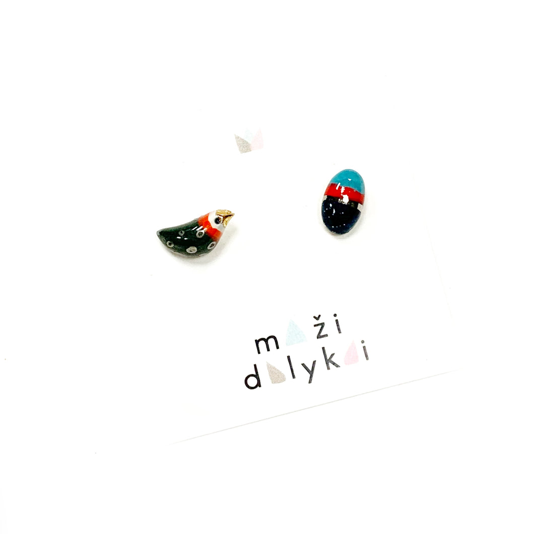 Mismatched ceramic earrings AUTUMN BIRD AND ITS EGG